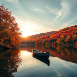 A serene autumn landscape featuring a tranquil lake surrounded by vibrant fall foliage in hues of orange, red, and yellow