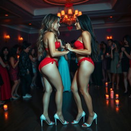 A full length photographic image of two beautiful women slow dancing face to face in a crowded, dark, candlelit hotel party room, decorated for Valentine's Day