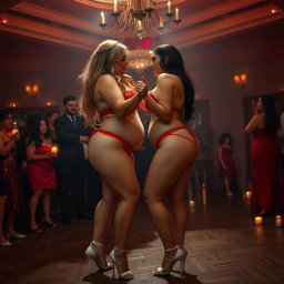 A full-length photographic image of two voluptuous, beautiful BBW girls slow dancing intimately in a dark, crowded candlelit hotel party room adorned for Valentine's Day