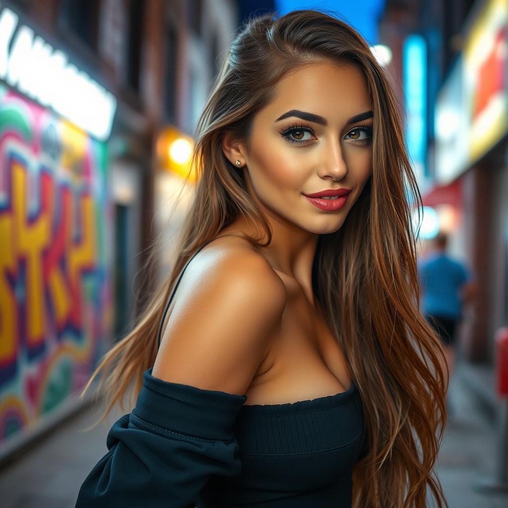 A stunningly beautiful young woman with long, flowing hair and captivating eyes, wearing a stylish outfit that highlights her figure