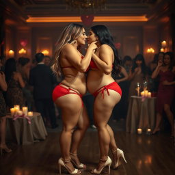 A full-length photographic image of two curvy BBW girls slow dancing face to face, their soft bellies tightly compressed against each other in a crowded, dark, candlelit hotel party room decorated for Valentine's Day