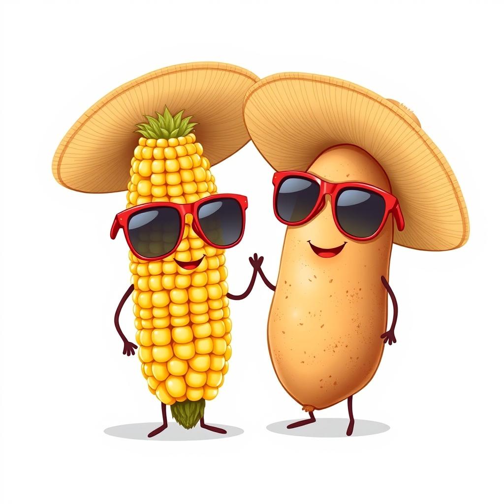 A highly detailed and realistic illustration of a single ear of corn and a single potato, anthropomorphized and interacting with each other