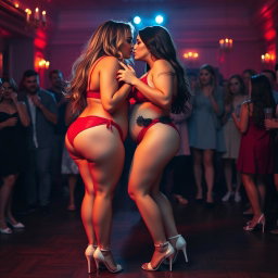 A full-length photographic image of two curvy BBW girls intimately slow dancing face to face, holding their soft bellies tightly against each other while kissing