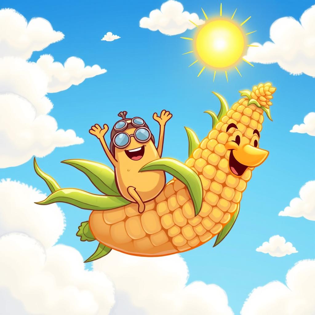 A whimsical illustration of a cartoon potato joyfully riding on the back of a vibrant flying corn, soaring through a bright blue sky filled with fluffy white clouds
