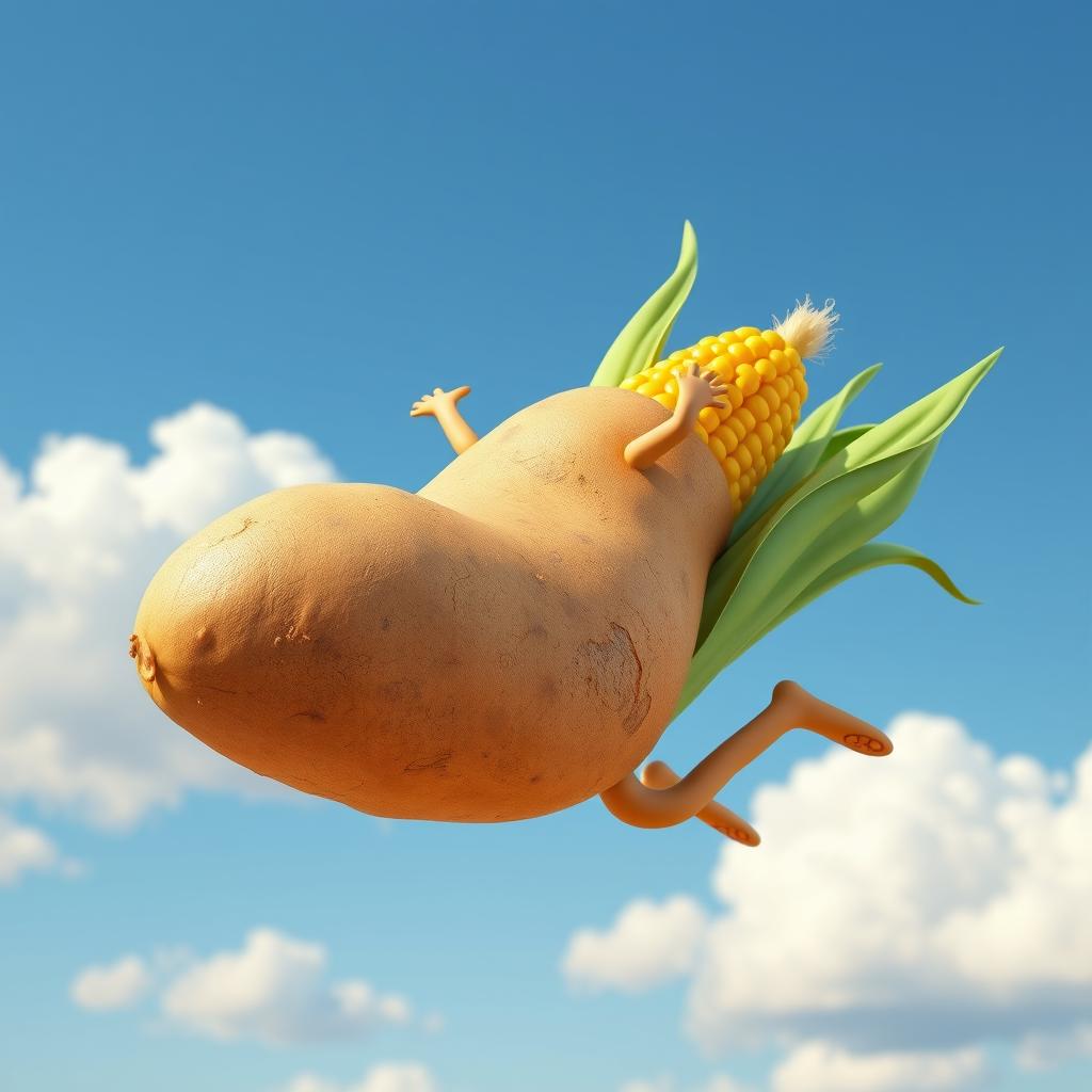 A highly detailed 3D render of a realistic potato energetically riding on a floating 3D realistic corn, captured mid-air against a clear blue sky