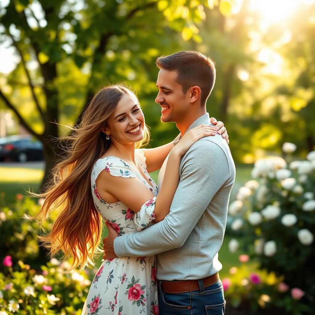 A beautiful couple embracing each other in a sunlit park, surrounded by lush greenery and blooming flowers, displaying deep love and connection