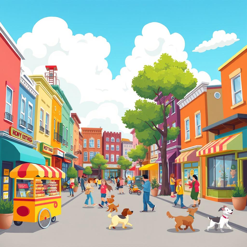 Cartoon style illustration of a vibrant city street filled with colorful buildings, quirky shops, and lively characters