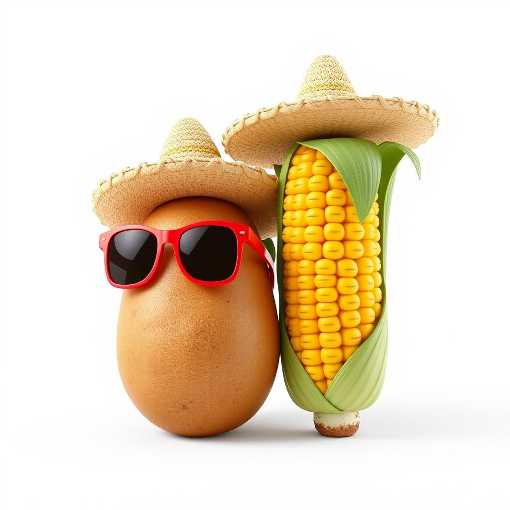 A highly detailed 3D render of a realistic potato adorned with stylish red sunglasses and a wide-brimmed straw sombrero hat, positioned next to an equally realistic cob of corn, also wearing matching red sunglasses and a wide-brimmed straw sombrero hat