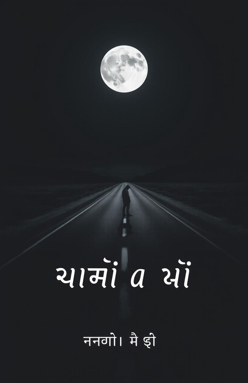 A desolate road under a full moon, with an empty landscape surrounding it