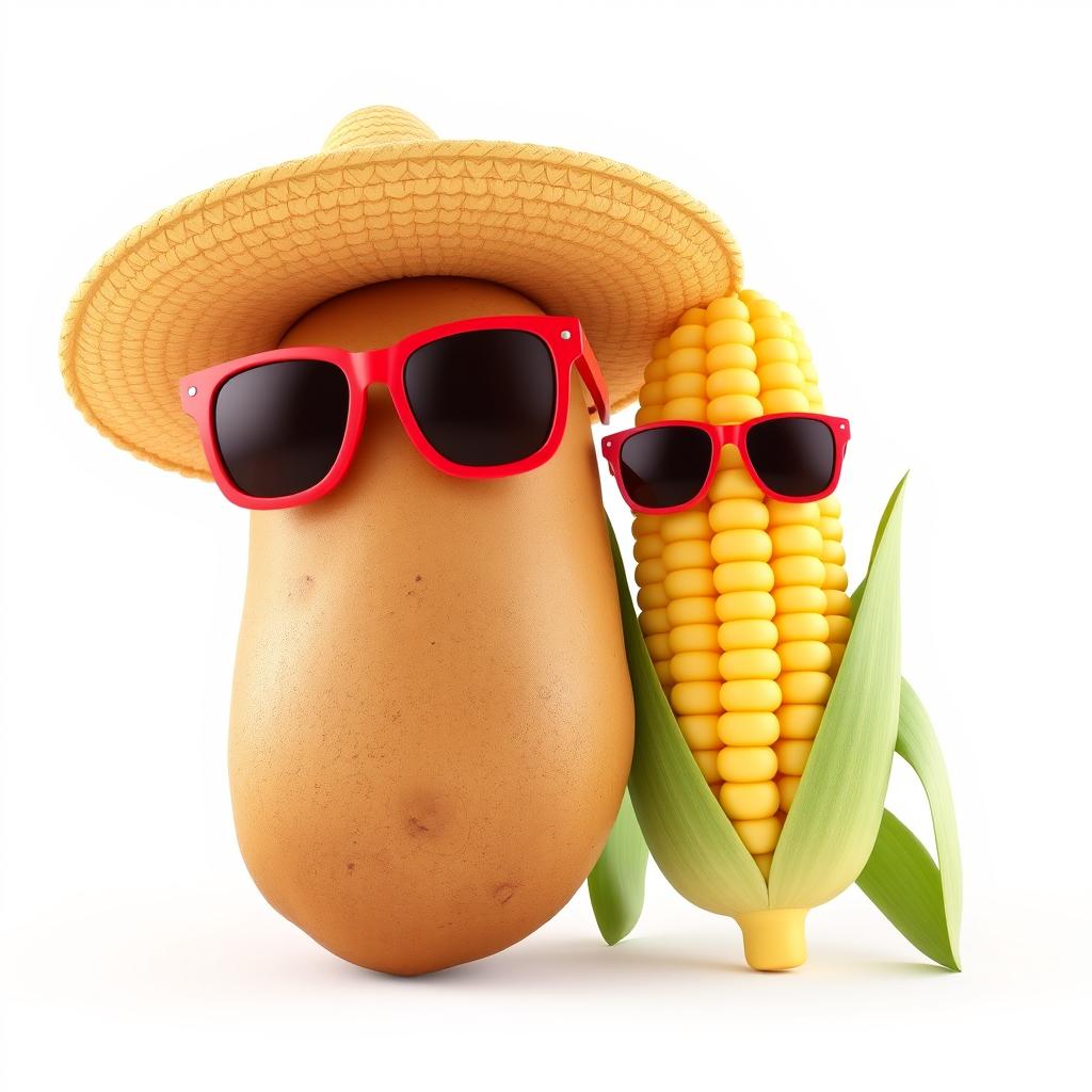 A highly detailed 3D render of a realistic potato wearing trendy red sunglasses and a wide-brimmed straw sombrero hat, placed beside a similarly detailed cob of corn, which also sports red sunglasses and a wide-brimmed straw sombrero hat