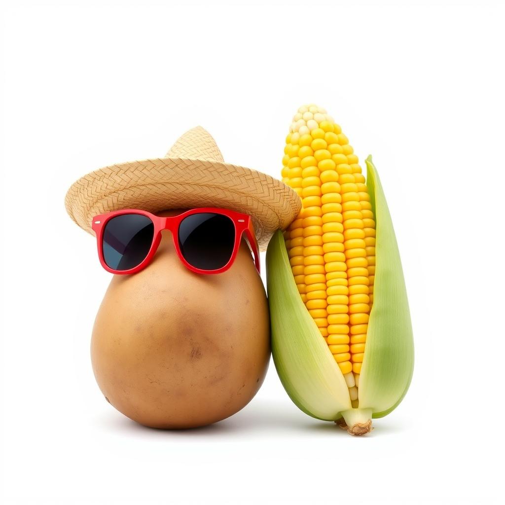 A realistic depiction of a potato wearing trendy red sunglasses and a wide-brimmed straw sombrero hat, sitting next to a realistic cob of corn that also features red sunglasses and a matching wide-brimmed straw sombrero hat