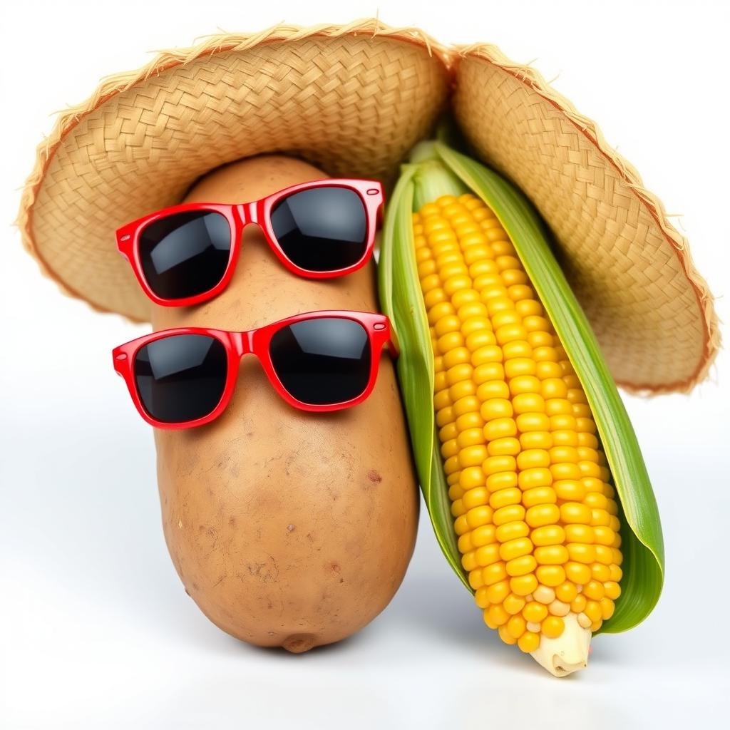A realistic representation of a potato wearing vibrant red sunglasses and a wide-brimmed straw sombrero hat beside a realistic cob of corn, which also sports red sunglasses and a matching wide-brimmed straw sombrero hat