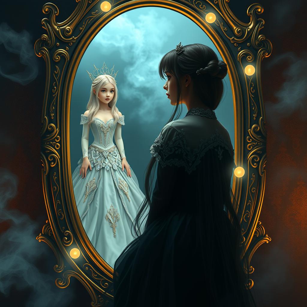 A 20-year-old girl with long, dark hair stands in front of an ornate, enchanted mirror, gazing at her reflection
