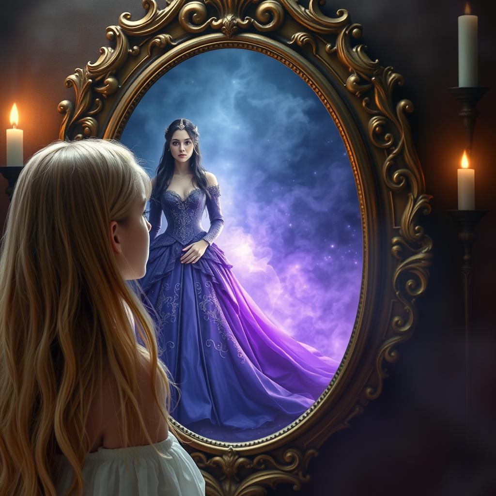 A 20-year-old woman with long, flowing blonde hair stands in front of an ornate, enchanted mirror, gazing at her reflection