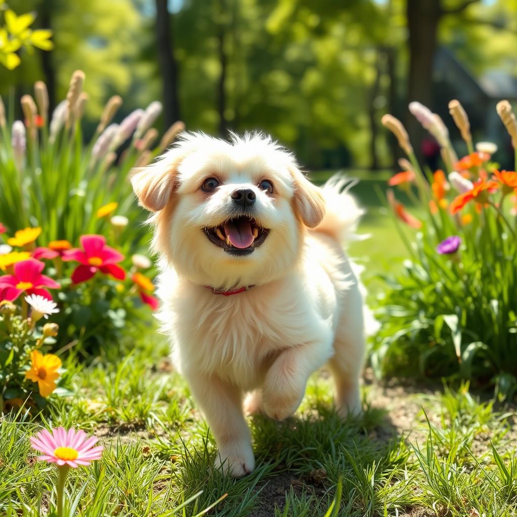 an adorable pet dog named Petie, with fluffy fur and bright, expressive eyes, happily playing in a sunny park, surrounded by colorful flowers and tall green grass, the sun shining down creating a warm and cheerful atmosphere, Petie has a playful demeanor and a wagging tail, capturing the joy of a beautiful day outdoors