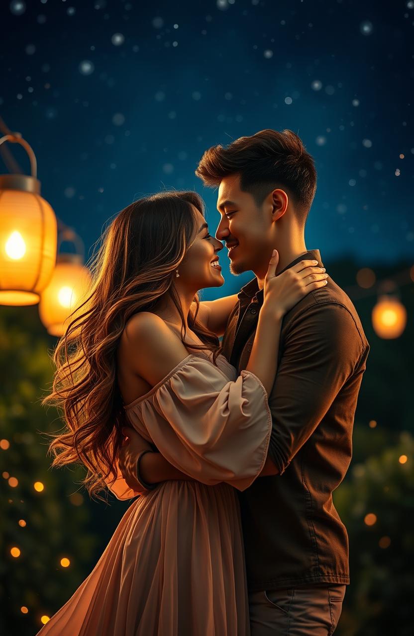 A passionate couple embracing under a starry night sky, with intense love radiating between them