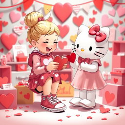 A heartwarming scene featuring a Valentine-themed Sanrio girl with blonde hair styled in a cute bun, wearing classic Chuck Taylor sneakers
