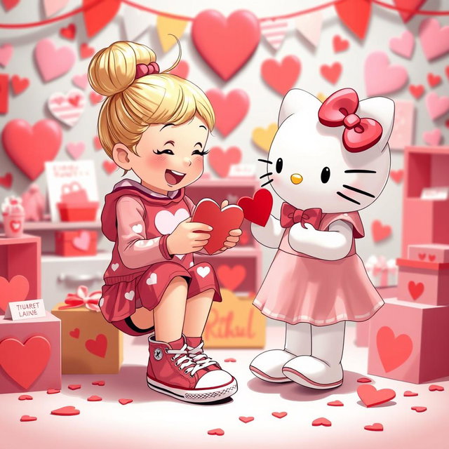 A heartwarming scene featuring a Valentine-themed Sanrio girl with blonde hair styled in a cute bun, wearing classic Chuck Taylor sneakers