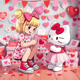 A heartwarming scene featuring a Valentine-themed Sanrio girl with blonde hair styled in a cute bun, wearing classic Chuck Taylor sneakers