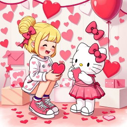 A heartwarming scene featuring a Valentine-themed Sanrio girl with blonde hair styled in a cute bun, wearing classic Chuck Taylor sneakers