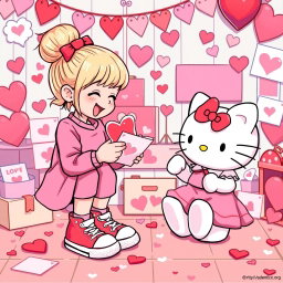 A heartwarming scene featuring a Valentine-themed Sanrio girl with blonde hair styled in a cute bun, wearing classic Chuck Taylor sneakers