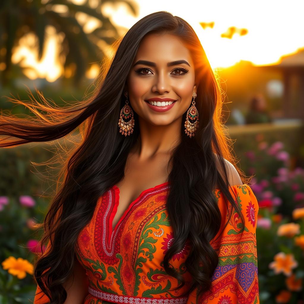 A stunning Latina woman with long, flowing dark hair and radiant brown skin, wearing a vibrant traditional dress that showcases her cultural heritage