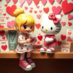 A cheerful and heartwarming scene featuring a Valentine-themed Sanrio girl with blonde hair styled in a cute bun, wearing classic Chuck Taylor sneakers