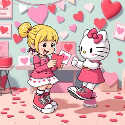 A cheerful and heartwarming scene featuring a Valentine-themed Sanrio girl with blonde hair styled in a cute bun, wearing classic Chuck Taylor sneakers