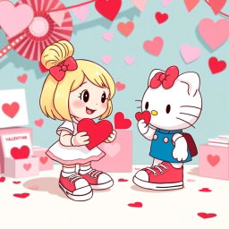 A cheerful and heartwarming scene featuring a Valentine-themed Sanrio girl with blonde hair styled in a cute bun, wearing classic Chuck Taylor sneakers