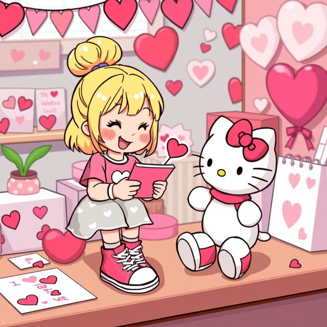 A cheerful and heartwarming scene featuring a Valentine-themed Sanrio girl with blonde hair styled in a cute bun, wearing classic Chuck Taylor sneakers