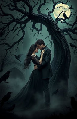 A dramatic dark romance scene set in a moonlit gothic forest, where two passionate lovers embrace under a twisted, ancient tree with dark, flowing vines
