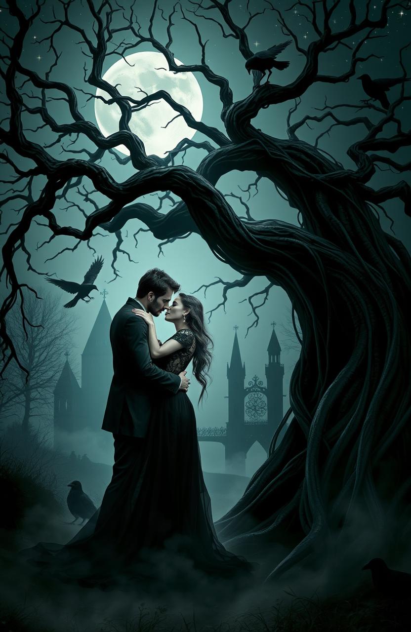 A dramatic dark romance scene set in a moonlit gothic forest, where two passionate lovers embrace under a twisted, ancient tree with dark, flowing vines