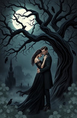 A dramatic dark romance scene set in a moonlit gothic forest, where two passionate lovers embrace under a twisted, ancient tree with dark, flowing vines
