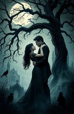 A dramatic dark romance scene set in a moonlit gothic forest, where two passionate lovers embrace under a twisted, ancient tree with dark, flowing vines