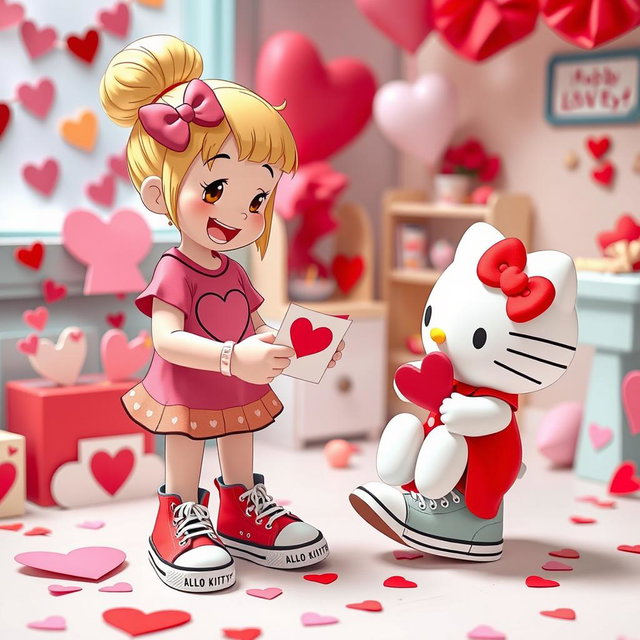 A delightful scene featuring a Valentine-themed Sanrio girl with blonde hair styled in a cute bun, wearing classic Chuck Taylor sneakers