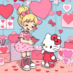 A delightful scene featuring a Valentine-themed Sanrio girl with blonde hair styled in a cute bun, wearing classic Chuck Taylor sneakers