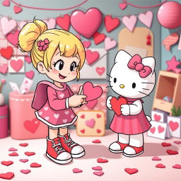 A delightful scene featuring a Valentine-themed Sanrio girl with blonde hair styled in a cute bun, wearing classic Chuck Taylor sneakers