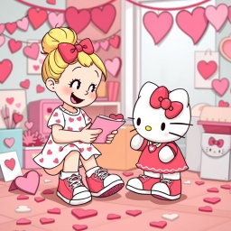 A delightful scene featuring a Valentine-themed Sanrio girl with blonde hair styled in a cute bun, wearing classic Chuck Taylor sneakers