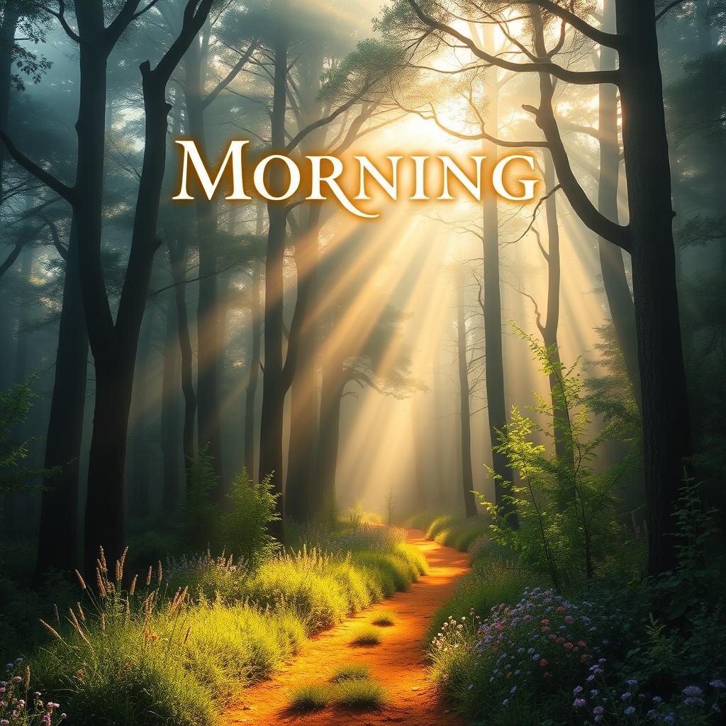 A vibrant and eye-catching ebook cover, featuring a mystical forest landscape with towering trees shrouded in morning mist