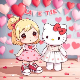 A delightful scene featuring a Sanrio girl with blonde hair styled in a cute bun, wearing classic Chuck Taylor sneakers