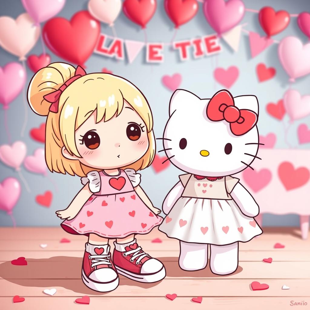 A delightful scene featuring a Sanrio girl with blonde hair styled in a cute bun, wearing classic Chuck Taylor sneakers