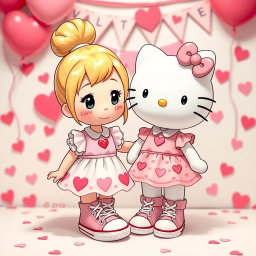A delightful scene featuring a Sanrio girl with blonde hair styled in a cute bun, wearing classic Chuck Taylor sneakers