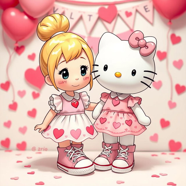 A delightful scene featuring a Sanrio girl with blonde hair styled in a cute bun, wearing classic Chuck Taylor sneakers