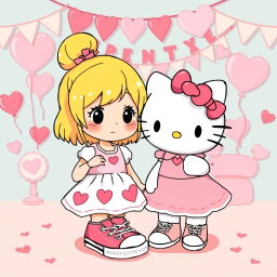 A delightful scene featuring a Sanrio girl with blonde hair styled in a cute bun, wearing classic Chuck Taylor sneakers