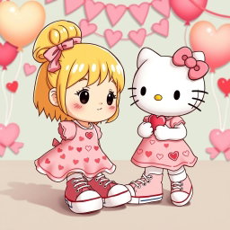 A delightful scene featuring a Sanrio girl with blonde hair styled in a cute bun, wearing classic Chuck Taylor sneakers