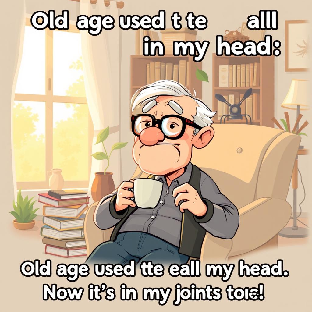 A humorous illustration of an elderly person, with a whimsical expression, reflecting on old age