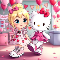 A charming scene featuring a Sanrio girl with blonde hair styled in a cute bun, bright blue eyes, and wearing classic Chuck Taylor sneakers