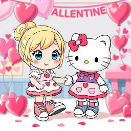 A charming scene featuring a Sanrio girl with blonde hair styled in a cute bun, bright blue eyes, and wearing classic Chuck Taylor sneakers