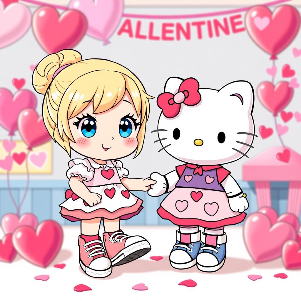 A charming scene featuring a Sanrio girl with blonde hair styled in a cute bun, bright blue eyes, and wearing classic Chuck Taylor sneakers