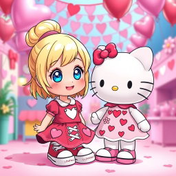 A charming scene featuring a Sanrio girl with blonde hair styled in a cute bun, bright blue eyes, and wearing classic Chuck Taylor sneakers